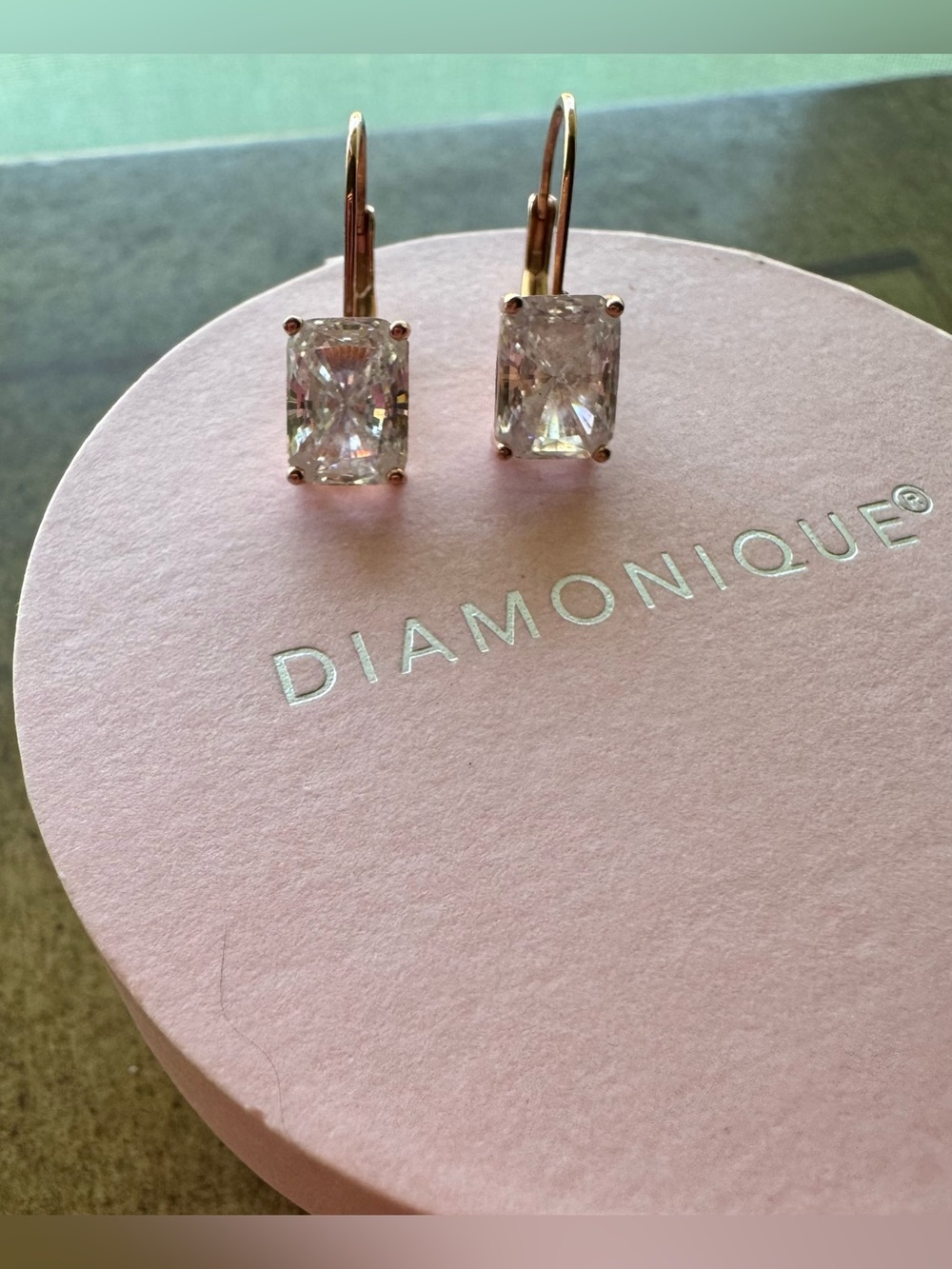 Diamonique Emerald Cut Lever Back Earrings-Rose Gold over Sterling Silver- NWOT